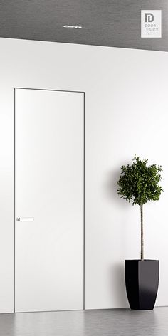 a potted plant sitting next to a white door in an empty room with concrete flooring