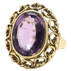 Vintage 14kt. yellow gold 6.30 carats amethyst ladies ring, set in bezel setting, featuring knot decorative motifs. Made in Circa 1970's Hallmarked with 585 mark ( A standard for 14 kt gold). Dimensions - Finger Size (UK) = O (US) = 7 1/2 (EU) =55 1/4 Size: 2.8 x 2 x 1.2 cm Weight: 8.00 grams Amethyst - Cut - Oval faceted Carat weight: 6.30 carats Treatment is not indicated. Condition: Pre-owned, has some wear from general usage, good condition overall. Knots were a popular decorative motif in 1 Ladies Ring, Cocktail Rings, Bezel Setting, Ring Set, Women Rings, Jewelry Rings, Amethyst, Yellow Gold, Yellow