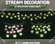 some lights that are hanging from the side of a wall with flowers and leaves on them