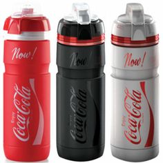 three different types of coca cola bottles are shown in this image, one is black, the other red and white