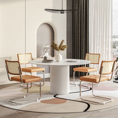 a round table with four chairs around it in a room that has white walls and flooring