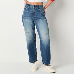 These distressed jeans from Arizona Jean Co.'s junior's and women's collection are tailored for a mid-rise with a barrel leg silhouette. They are made from soft, recycled cotton-denim with a classic button-zip fly and 5-pocket tailoring.Closure Type: Button & ZipperPockets: 2 Back Slip Pockets, 1 Front Coin Pocket, 2 Front Slip PocketsRise: Mid RiseFiber Content: 95% Cotton, 5% Recycled CottonFabric Description: DenimInseam: 27 InCare: Tumble Dry, Machine WashJean Style: Loose Fit JeansCountry o Jeans Loose Fit, Loose Fit Jeans, Recycled Cotton, Distressed Jeans, Fit Jeans, Women Collection, Mid Rise, Barrel, Arizona