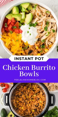 A vibrant bowl of chicken taco bowls featuring shredded chicken, rice, beans, corn, and fresh toppings, showcasing an easy instant pot recipe that’s perfect for a quick and flavorful meal with the title “Instant Pot Chicken Burrito Bowls” Chicken And Rice Burrito, Hypothyroid Diet, Rice Burrito, Weeknight Chicken, Fall Dinners, Pressure Cooking Recipes, Fast Meals, Burrito Bowls Recipe, Optavia Recipes