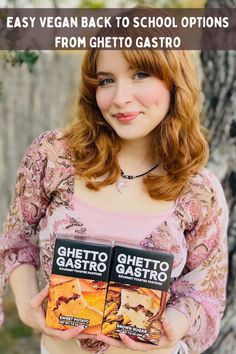 a woman holding two books in her hands and the text easy vegan back to school options