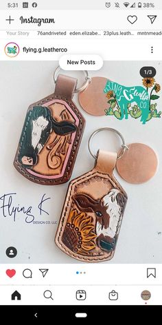 two keychains with pictures on them sitting next to each other in front of an instagram page