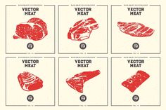 four different types of meat are shown in red and white, with the words vector meat on