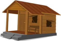 a small wooden cabin with a porch and table