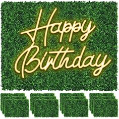 happy birthday written in the grass surrounded by four green rectangles with gold lettering