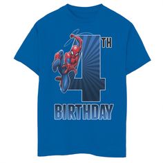 a blue birthday shirt with spiderman on it