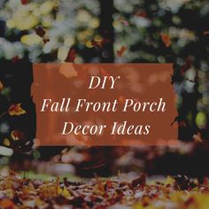 the words diy fall front porch decor ideas on top of leaves in autumn colors