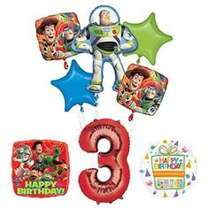 balloons and heliums are arranged to spell out the number three, including an image of buzz lightyear from toy story 3