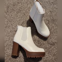 Beautiful Nwt, Faux Leather White Brown Platform Ankle Boots. Size 6.5 White Faux Leather Platform Boots, Cream Faux Leather Heeled Boots With Round Toe, White Faux Leather Heeled Boots With Round Toe, White Faux Leather Booties With Round Toe, White Faux Leather Ankle-high Booties, White Ankle-high Faux Leather Booties, Spring White Faux Leather Booties, White Faux Leather Heeled Boots Medium Width, Chic White Faux Leather Booties