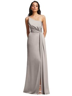 One-shoulder Draped Skirt Satin Trumpet Bridesmaid Dress In Taupe | The Dessy Group Pre-draped One Shoulder Evening Dress With Sweep Train, One-shoulder Gown With Ruched Bodice Pre-draped, Elegant Satin One Shoulder Dress With Sweep Train, Pre-draped Floor-length One Shoulder Dress, Elegant Satin Finish One Shoulder Dress For Prom, Satin One Shoulder Dress With Sweep Train For Gala, One Shoulder Satin Finish Gown For Gala, One Shoulder Satin Maxi Dress With Fitted Bodice, One-shoulder Satin Maxi Dress With Fitted Bodice