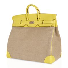 Luxury Canvas Bag With Gold-tone Hardware, Brown Epsom Leather Bag With Handles, Brown Epsom Leather Bag, Luxury Coated Canvas Bag With Palladium Hardware, Luxury Everyday Bags With Leather Handles And Coated Canvas, Formal Bags With Silver-tone Hardware In Coated Canvas, Formal Coated Canvas Bag With Silver-tone Hardware, Designer Yellow Satchel For Travel, Luxury Bag With Silver-tone Hardware And Coated Canvas