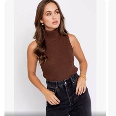 Kensy Knit Turtleneck Is A Cute Fall Staple For Your Work Attire Or Just Going Out With The Girls. This Beautiful Chocolate Brown Turtleneck Top Has Ribbed Detailing And Is Super Trendy With Its Sleeveless Design. The Sleeveless Design Makes It Perfect For Layering And Pairing With Fall And Winter Jackets. Size Large Brown Knitted Turtleneck Top, Trendy Brown Knit Top For Layering, Brown Knit Top For Layering, Brown Knit Turtleneck Top, Sleeveless Turtleneck Outfit, Knitted Top Outfit, Brown Turtleneck Sweater, Brown Turtleneck, Believe In Me