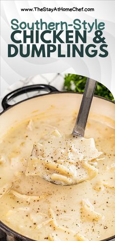 chicken and dumpling soup in a pot with the title southern - style chicken and dumplings