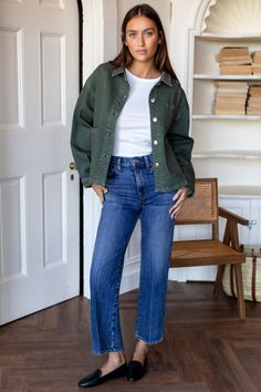 Vintage workwear inspired 99% Cotton, 1% elastane Drop shoulder Button front Patch pockets Button at cuff Pleat + yoke at back Great boxy shape All seasons Model is wearing a size small Styled with TD Treasure Straight Ankle denim Made in LA XS: Bust: 41", Length 24.5" S: Bust: 43", Length 25" M: Bust: 45", Length 25.5" L: Bust 47", Length 26" Green Shirt Jacket Outfit, Tan Utility Jacket Outfit, Field Work Outfit, Green Jacket Outfit Fall, Green Denim Jacket Outfits, Khaki Jacket Outfit, Shirt Jacket Outfit, Utility Jacket Outfit, Green Jacket Outfit