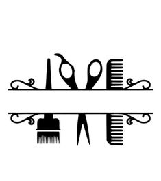 scissors and combs are sitting on a shelf with hairbrushes hanging from it