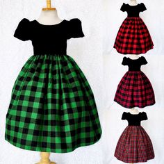 Little Girls WardrobeMADE IN THE USA  Description An elegant dress that's perfect for any occasion: wedding, christmas, birthday, or pageant! This dress is made out of a comfortable cotton plaid bottom and velvet top.  The top comes with short sleeves and a zipper on the back. Attached to the waist are two strips of plaid fabric that can be used to tie together into a bow at the back for a comfortable and snug fit. The plaid skirt has a layer of layer of lining with crinoline attached to give th Fitted Cotton Holiday Dress For Christmas, Red Fall Dress For Dress-up, Fitted Cotton Christmas Dress, Fitted Cotton Christmas Holiday Dress, Red Dress For Fall Dress-up, Fitted Cotton Dresses For Holiday, Red Cotton Holiday Dress, Red Cotton Dress For Fall, Short Sleeve Christmas Dress-up Dresses