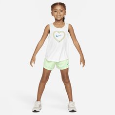 This 2-piece set will make your little athlete a happy camper. Both pieces are made of poly knit fabric enhanced with quick-drying, moisture-wicking Dri-FIT technology to help keep little ones cool and dry while they play. The roomy A-line tank has snappy tape closures at the racerback for easy dressing. The matching shorts are breathable mesh with a stretchy waistband for a comfy fit. Sporty White Athletic Shorts For Outdoor Activities, Sporty White Athletic Shorts For Outdoor, White Casual Athletic Shorts For Outdoor, Playful Summer Activewear For Gym, Playful Summer Gym Activewear, White Moisture-wicking Activewear For Outdoor Activities, Functional White Athletic Shorts For Outdoor, White Moisture-wicking Athletic Shorts For Outdoor, Breathable White Activewear For Outdoor Activities