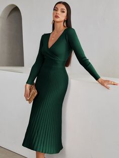 Dark Green Elegant Collar Long Sleeve Viscose Plain  Embellished Medium Stretch Fall/Winter Women Knitwear Knitted Jumper Dress, Blue Bodycon Dress, Cadet Blue, Business Formal Dress, Formal Dresses Gowns, Sweater Dress Women, Ribbed Knit Sweater, Knit Sweater Dress, Pleated Midi Skirt