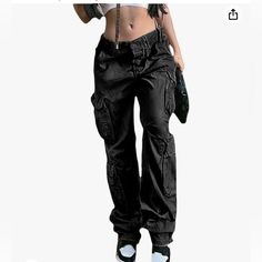 Women's Baggy Denim Pants High Waisted Y2k Wide Leg Oversized Boyfriend Cargo Jeans New Without Tags Size Medium 95% Denim 5% Spandex Y2k Black Pants For Spring, Y2k Style Black Pants For Spring, Mid-rise Grunge Pants For Streetwear, Grunge Cargo Pants With Pockets For Spring, Edgy Spring Pants With Pockets, Baggy Grunge Cargo Pants For Fall, Edgy Baggy Bottoms With Pockets, Black Baggy Y2k Parachute Pants, Edgy Cotton Bottoms With Pockets