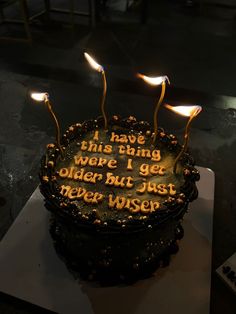 a birthday cake with lit candles on it