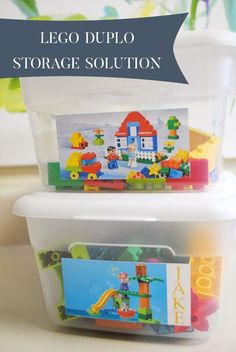 lego duplo storage solution for kids to use in the kitchen or playroom