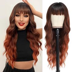 Quality Is Beyondthe Long Wavy Wig With Bangs Is Made Of High-Temperature Resistant Synthetic Fiber And Stands Heat Up To 160c(320f). Soft And Has No Shine At All So It Looks Very Realistic.Easy To Comb And Not Easily Tangle And Hair Loss Adjustable & Easy To Wearthe Wig Cap Is Made Of Breathable And Elastic Rose Net, Which Is More Comfortable To Wear And Suitable For More People's Head Sizes. Two Elastic Bra-Like Straps Hold The Wig In Place So It Doesn't Budge While Wearing It. So Pretty! Real Long Blonde Wig, Cute Bangs, Curly Wavy Hair, Auburn Color, Bangs For Women, Natural Wigs, Wavy Wig, Pink Wig, Beautiful Wigs