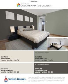 the color scheme for this bedroom is gray and white, with neutrals in it