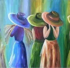 three women in colorful dresses and hats are looking up at the sky with their hands on their hips