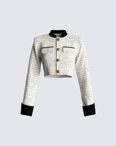 This ivory tweed cropped jacket is everything you need to add that preppy, polished finishing touch to your look 🤩 Complete with a black collar and cuffs, gold button trimming, and a whole lot of sass. Take on the day like the boss b*tch you are. Xoxo, finesse 💋 Tweed Cropped Jacket, Fuzzy Skirt, White Corset Dress, Black Pleated Mini Skirt, Vegan Leather Skirt, Red Mini Skirt, White Corset, Women Overcoat, Black Mini Skirt