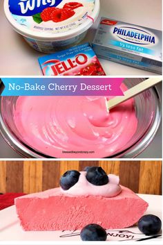 no - bake cherry dessert with yogurt and blueberries