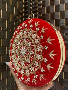 Fashion handbag / clutch . High quality hardware . Crystal work. Velvet body and hand embroidery. Gold Embroidered Clutch As Gift, Gold Embroidered Clutch For Festivals, Red Embroidered Pouch Clutch, Red Pouch Clutch For Festivals, Embroidered Red Pouch Clutch, Festival Evening Bag With Pearl Embroidery, Festival Clutch With Pearl Embroidery, Traditional Embellished Pouch Clutch, Traditional Embellished Clutch Shoulder Bag