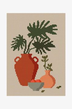 a cross stitch pattern with a vase and two gourds