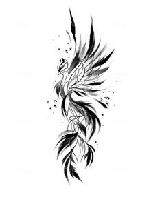 a black and white drawing of a bird with feathers on it's back side