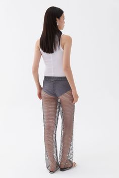 These high waisted mesh pants with an elastic waistband and glitter thread offer a fashionable and flattering design, perfect for enduring your busy lifestyle from day to dinner. Dry clean Material: 100% Polyester High rise Officially licensed Imported Brand: Nocturne Model Product Size: S Model Size: Height 5'10 / Bust 29.5 in / Waist 23 in / Hips 34 in True the size High Waist Mesh Stretch Bottoms, Stretch High Waist Mesh Bottoms, High Waist Stretch Mesh Bottoms, Fitted High Waist Mesh Pants, High Waist Fitted Mesh Pants, Stretch Nylon Pants For Summer, Summer Nylon Pants With Elastic Waistband, Party Mesh Stretch Pants, Spring Stretch Mesh Bottoms