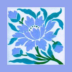 a blue flower with green leaves is on a white background and there is a light blue border around it