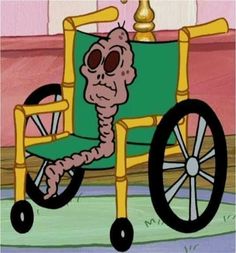 a cartoon character sitting in a wheelchair with a skeleton on it's back legs