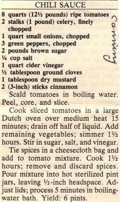 the recipe for chili sauce is shown in an old newspaper article, with some writing on it