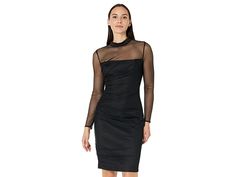 Calvin Klein Scuba Dress with Mash Overlay - Women's Dress : Black : Calvin Klein Scuba Dress with Mash Overlay Dress. Slim fit. Designed to hit near the knee. Illusion, mock neckline and long sleeves. Ruching on one side. Zippered closure on the center back. 91% polyester, 9% spandex. Dry-clean. Imported. Measurements: Length: 37.5 in. Measurements: Length: 39 in Sleeve Length: 27 in Product measurements were taken using size 4. Please note that measurements may vary by size. Formal Fitted Bodycon Dress With Sheer Sleeves, Sleek Long Sleeve Bodycon Cocktail Dress, High Neck Bodycon Dress For Formal Fall Events, Formal High Neck Bodycon Dress For Fall, Formal High-neck Bodycon Dress For Fall, Fall Formal High Neck Bodycon Dress, Formal Stretch Bodycon Dress With Sheer Sleeves, Long Sleeve Bodycon Dress With Mesh Sleeves For Cocktail, Elegant Fitted Calvin Klein Bodycon Dress