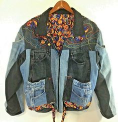 Jean Jacket - Unique - Hand Designed - Crafted One Of A Kind  Sun, Stars and Moon Design  Made uniquely with recylced jeans using both blue jeans and black jeans. Upcycled and beautiful! With deep pockets in the front and back.  Inside is embellished with the sun, star, and moon design completing this one of a kind look.  You will never find another jacket like this Fine detail!  All measurements are done with the garment laying flat Armpit to armpit: 24"  sleeves: 24.5" Shoulders 20'' Front Sho Patchwork Jean Jacket, Sewing Denim, Upcycling Clothes, Sew Projects, Denim Inspiration, Upcycle Jeans, Black Denim Jeans, Moon Design, Denim Jean Jacket