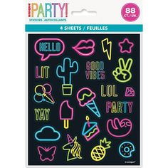 neon party stickers on a black background