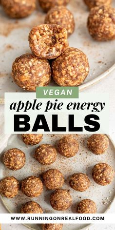 vegan apple pie energy balls on a white plate with the title above it in black text