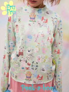 Material: 100 % Cotton
Size: sm

Model: 160cm/42kgWear size S





Length
Chest surroundings
Sleeve Length
shoulder width


S
56cm
88cm
63cm
37cm


M
58cm
92cm
65cm
38cm Long Sleeve Shirt With Cartoon Print For Spring, Cute Spring Tops With All Over Print, Casual Long Sleeve Tops With All Over Print, Kawaii Long Sleeve Summer T-shirt, Kawaii Long Sleeve T-shirt For Summer, Long Sleeve Cotton Top With Cartoon Print, Green Long Sleeve Cartoon Print Top, Green Long Sleeve Top With Cartoon Print, Kawaii Long Sleeve Tops For Spring