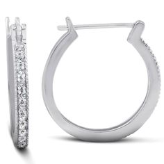 This popular matching pair of hoops features 22 round brilliant cut natural diamonds. All diamonds are pave / prong set in 14k white gold. Each earring is secured by notched posts that clip into the other side of the hoop. .25ct total diamond weight. Wedding Hoop Earrings With Pave Setting Round Cut, White Gold Cubic Zirconia Huggie Earrings With Pave Setting, White Huggie Earrings With Pave Setting For Anniversary, Diamond White Platinum Hoop Earrings With Pave Setting, Diamond White Platinum Hoop Earrings With Diamond Accents, Platinum Hoop Earrings With Pave Setting In Diamond White, Platinum Hoop Earrings With Diamond Accents In Diamond White, Channel Set Diamond Huggie Earrings, Channel Set Huggie Diamond Earrings