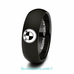 Black Tungsten Band with Domed Edge BMW Logo Ring Modern Black Jewelry For Wedding, Classic Black Jewelry For Wedding, Elegant Black Couple Rings For Anniversary, Modern Black Round Band Ring, Classic Black Enamel Wedding Rings, Black Round Band Jewelry For Wedding, Elegant Black Jewelry For Marriage, Elegant Black Jewelry For Wedding, Colts Logo