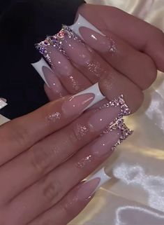 Nail Ideas With Crystals, Short Nail Designs Diamonds, French Nails Acrylic Long, Nail Ideas Diamonds, French Tip Acrylic Nails With Gems, French Tip Cute Nails, Long Acrylic French Tip, Nail Inspo Gems, French Tip Nails With Bling