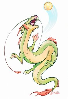 a drawing of a green and yellow dragon with its mouth open, catching a ball