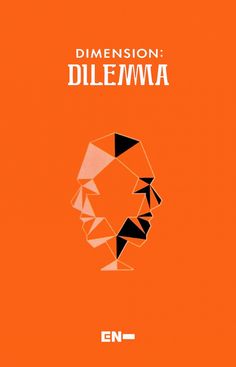 an orange poster with black and white geometric shapes on the front, which reads dimensional dillemma